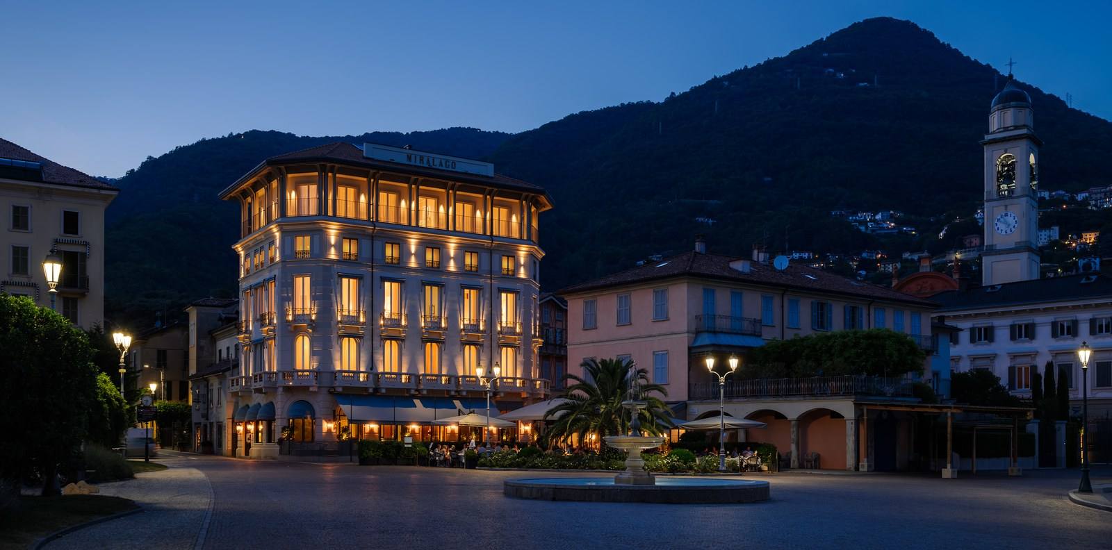 Miralago Luxury Apartments at night, on the Cernobbio waterfront.
